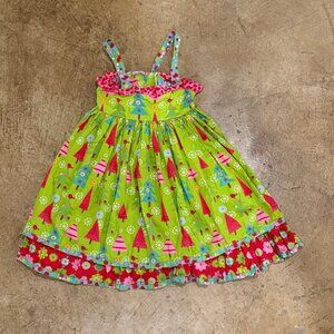 Jelly The Pug Green/Pink/Red Trees Woven Layered Ruffled Twirly Dress-5 Yrs